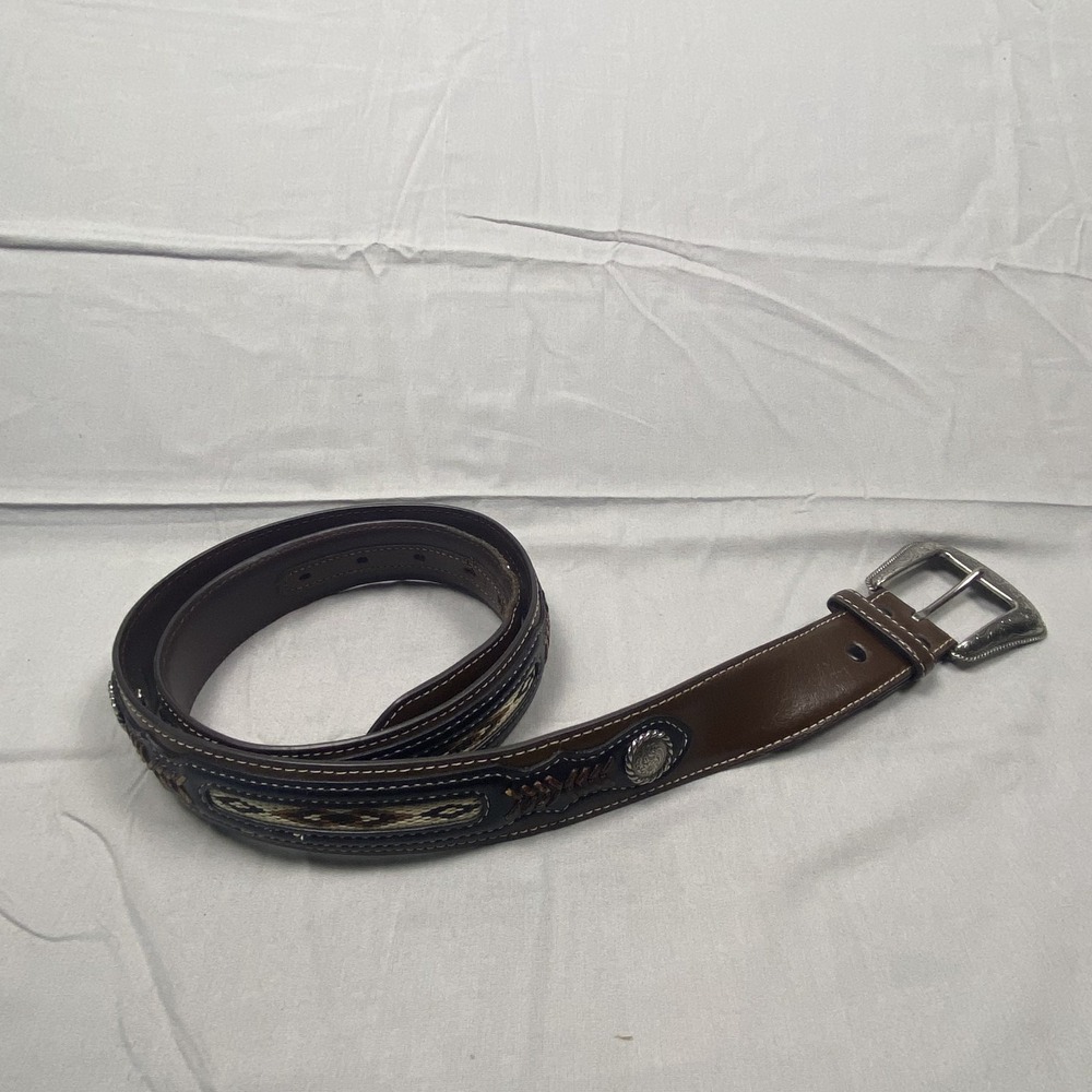 Western Tooled Genuine Leather Belt Men's Brown Engraved Buckle Cowboy 38 - 40 - Picture 2 of 15